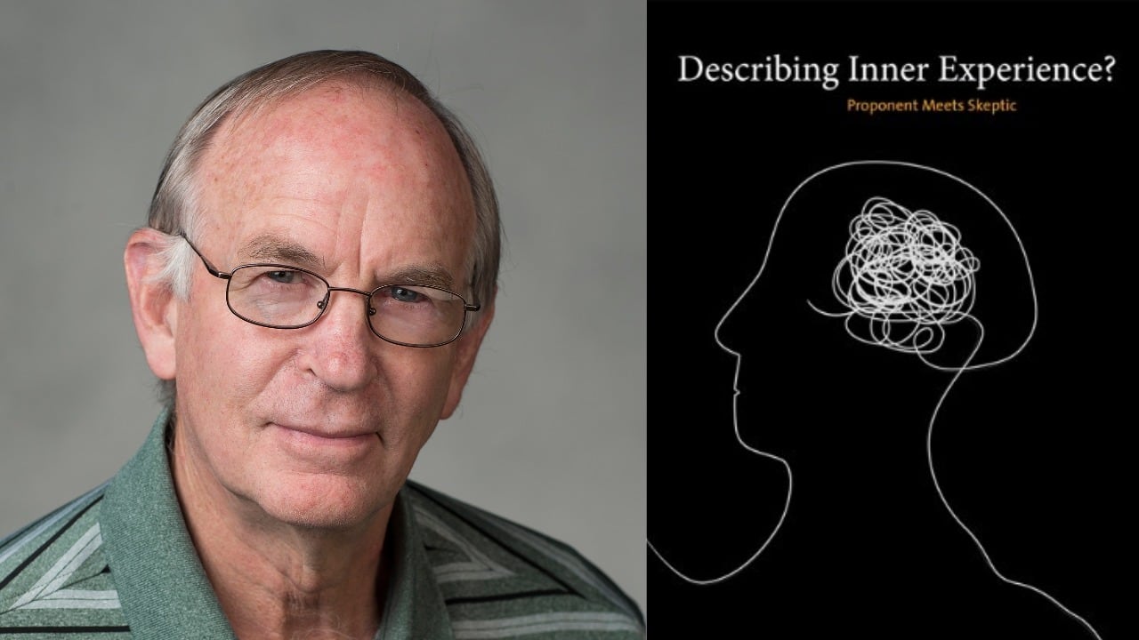 A side-by-side image shows a man with glasses on the left, and the cover of a book called "Describing Inner Experience" on the right.