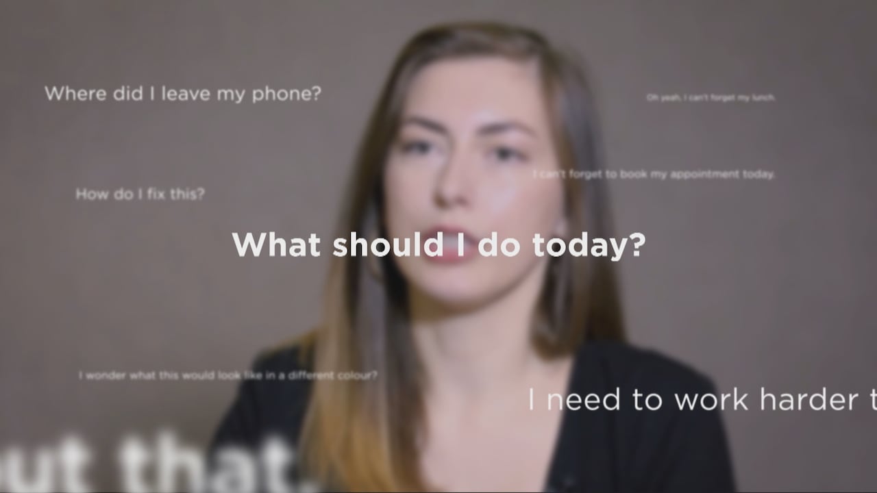 A blurred image of a woman with text superimposed overtop of it. The text includes phrases like "What should I do today?" and "Where did I leave my phone?"