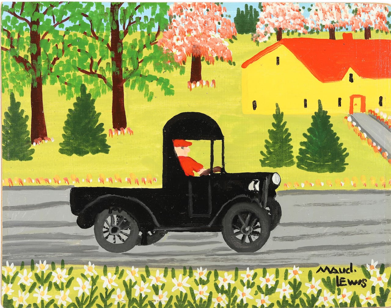 Shown is a colorful painting by Maud Lewis of a truck on a road.