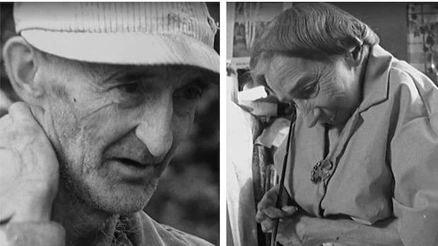 Images of Everett and Maud Lewis are shown from a 1965 CBC program. A side-by-side photo in black and white shows a man in the left panel and a woman in the right panel.