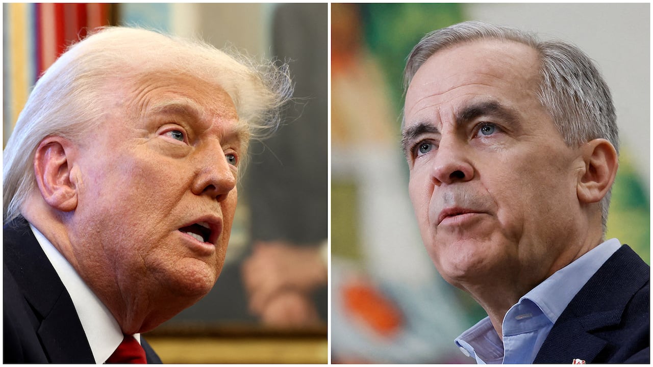 Composite illustration featuring U.S. President Donald Trump, left, and Canadian Prime Minister Mark Carney.