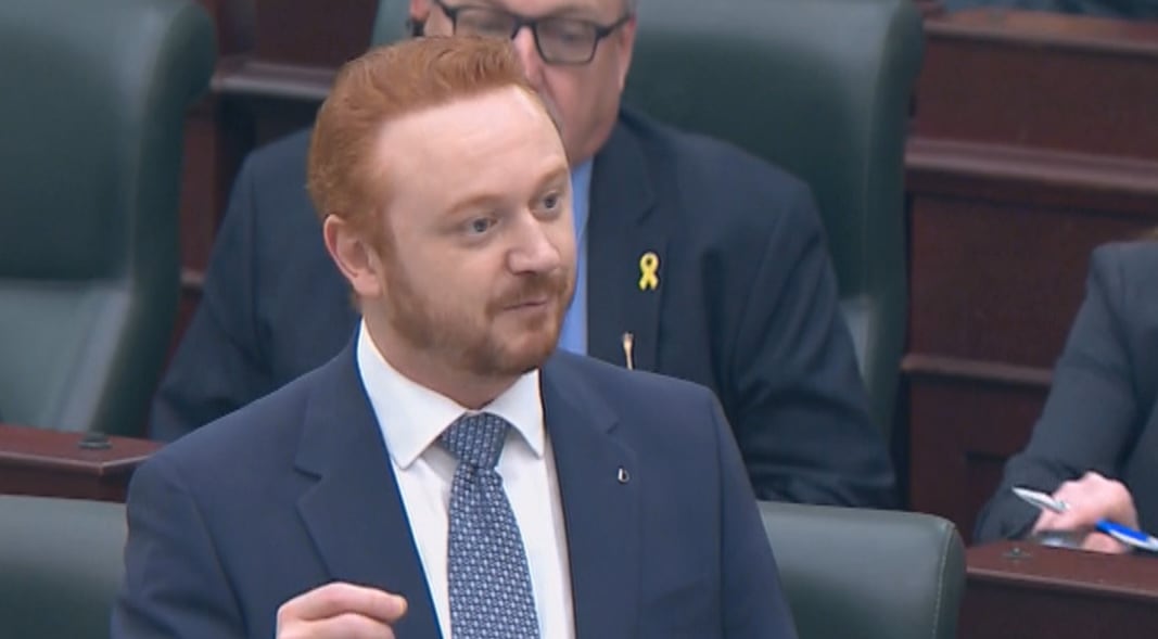 A achromatic man, with abbreviated reddish hairsbreadth and a reddish beard, is wearing a dark-blue suit and tie, with a achromatic formal shirt. He is lasting among a country of people, and speaking.
