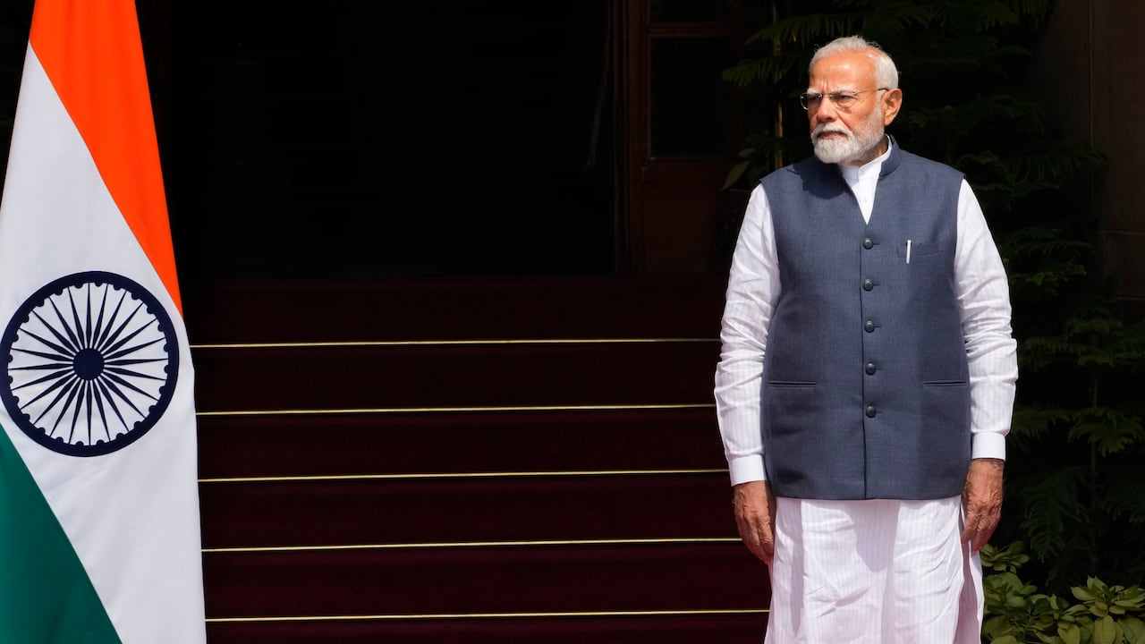 Indian Prime Minister Narendra Modi arrives to receive visiting New Zealand Prime Minister Christopher Luxon in New Delhi, India, Monday, March 17, 2025.