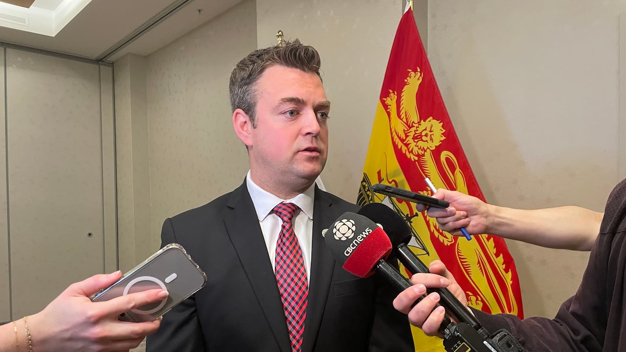 A man in a suit speaks to reporters holding microphones, with a flag in the background.