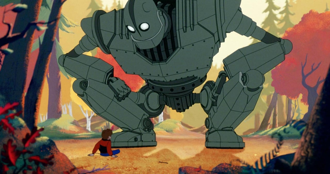 An illustration of a robot kneeling in a forest next to a little boy in fall. 