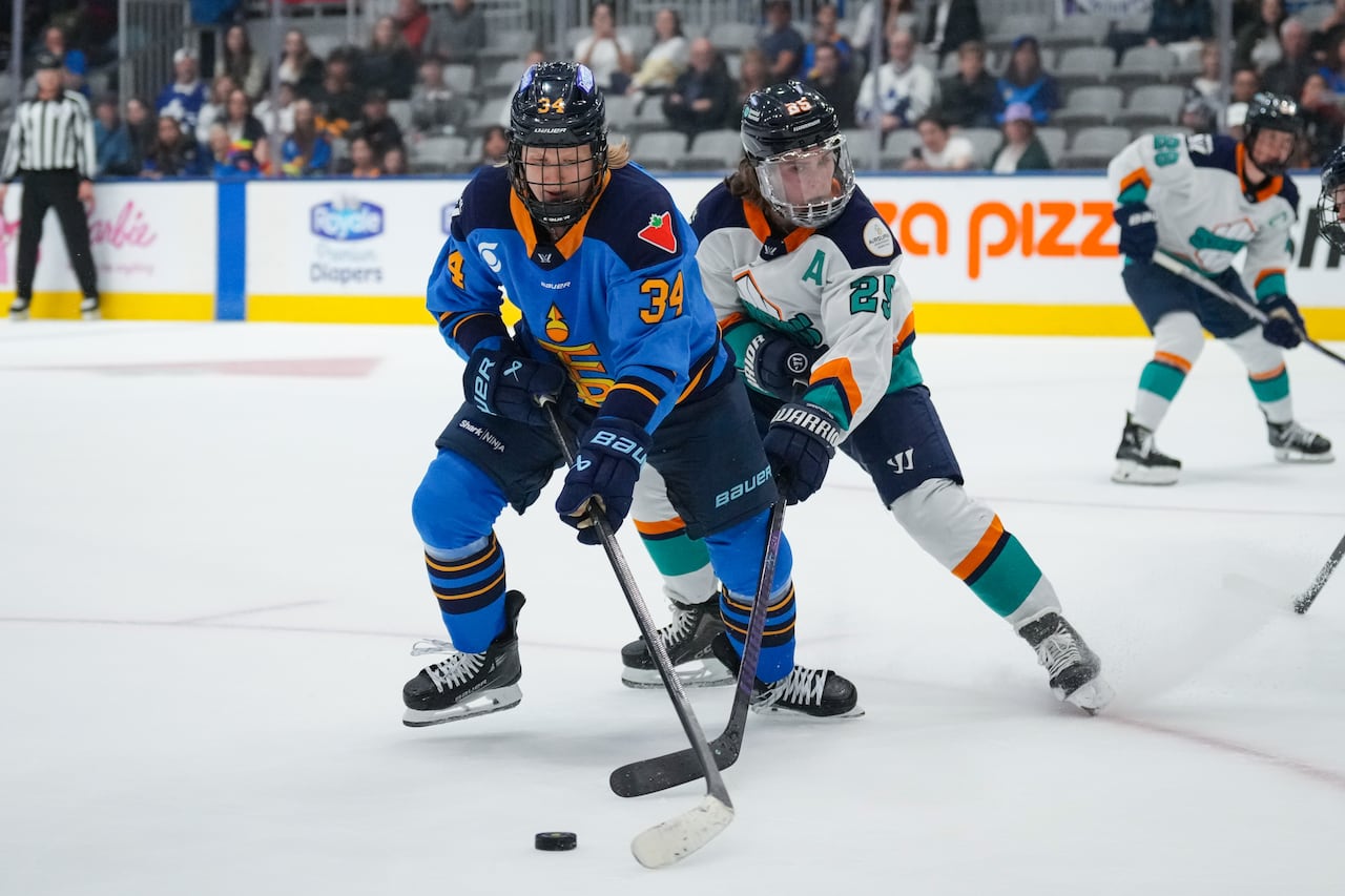 Two hockey players compete for the puck.