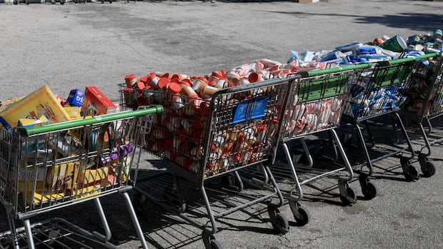 Carts full of groceries wait to be given to people in need at Curley