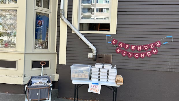 A table with food packaged. 