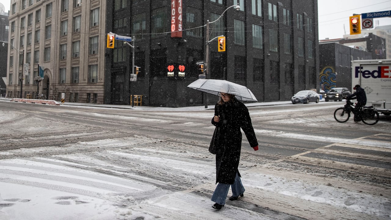Woman with umbrella crosses the thoroughfare  during snowfall. 
