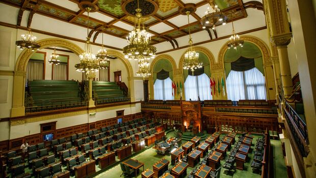 The chamber of the Ontario legislature is pictured, in Toronto, on Feb. 12, 2025. A row of seats in the Ontario legislature.