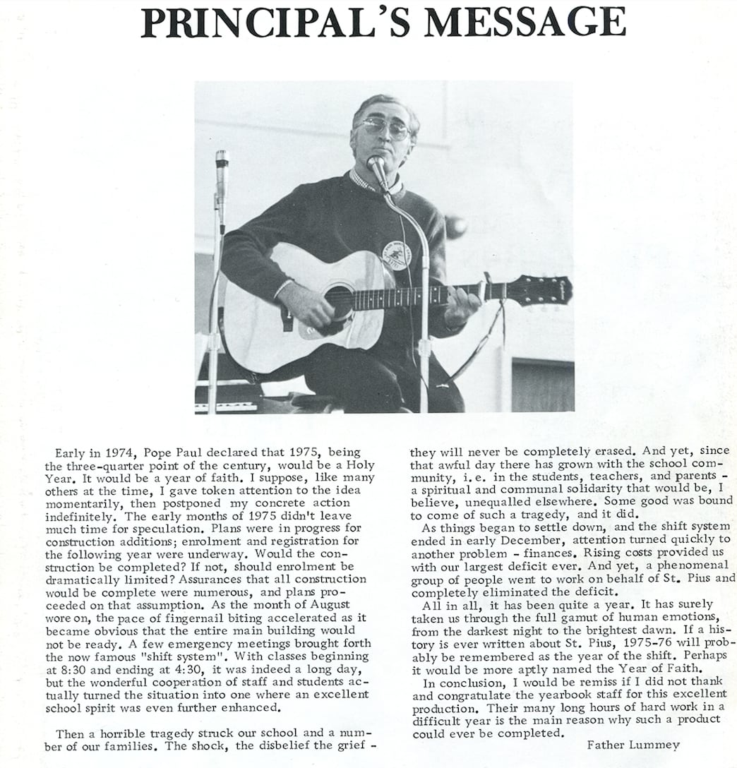 St. Pius X High School principal Father Len Lunney wrote in the yearbook that the year of the shooting 'ran the full gamut of human emotions, from the darkest night to the brightest dawn.'