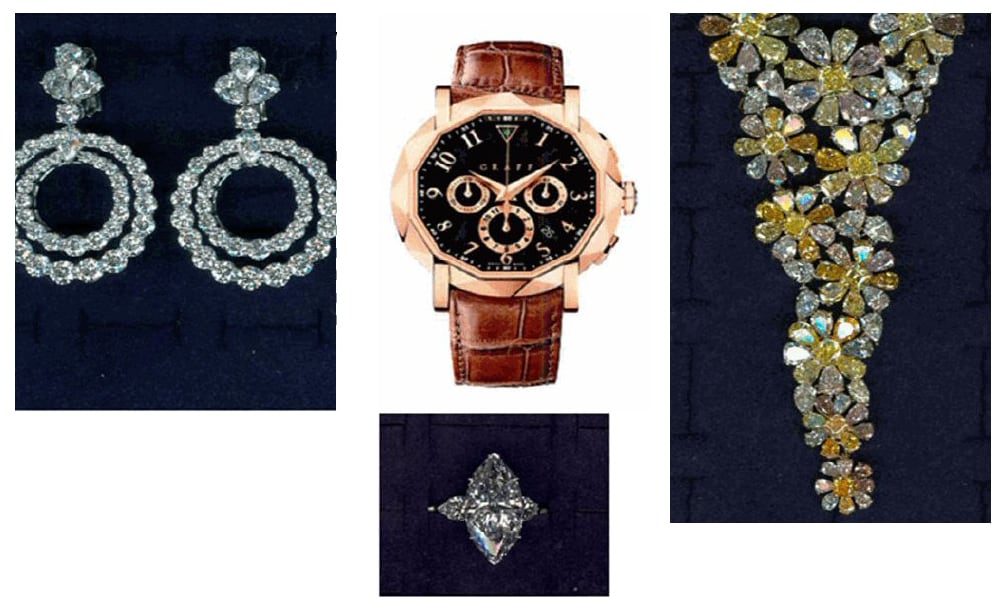 由雙圈鑽石耳環、黑金外觀和棕色皮錶帶的金表、鑽石戒指和白黃色鑽石首飾組成的合成圖像。