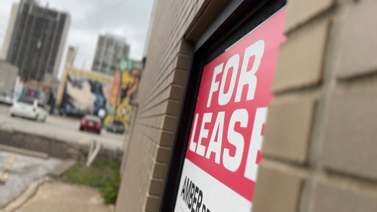 A for lease sign on an empty building in Windsor's core.