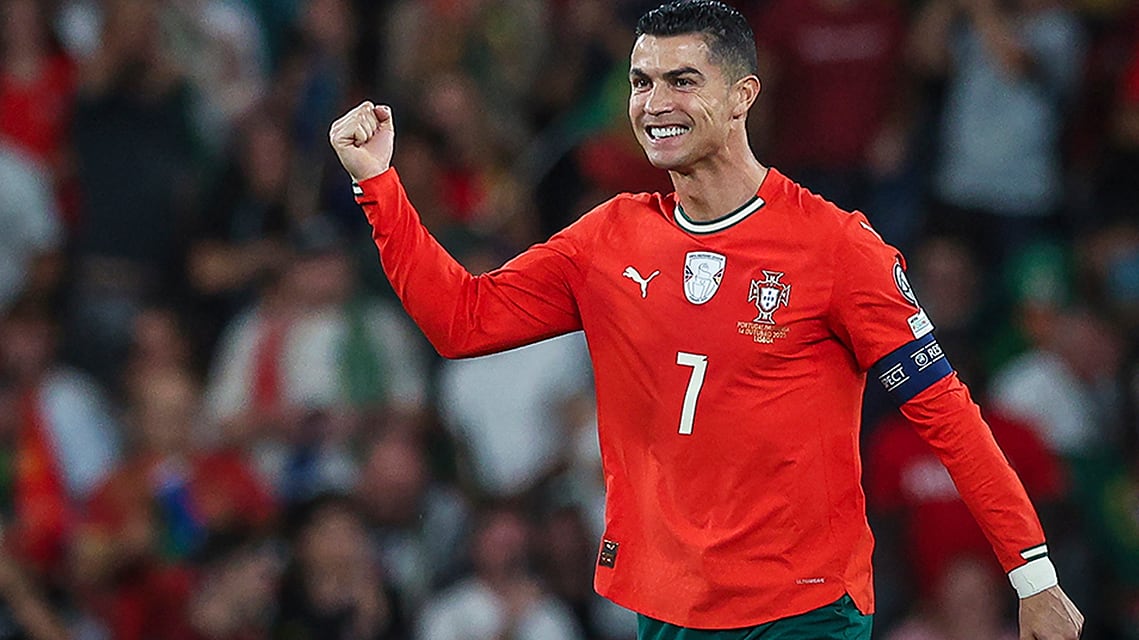 Cristiano Ronaldo of Portugal smiles and clenches his right hand after scoring his team's first goal during a 2026 FIFA World Cup qualifying match against visiting Hungary October 14, 2025 in Lisbon.