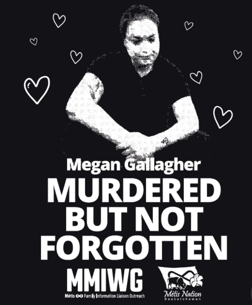 A t-shirt has a photo of a woman and the text "Megan Gallgher, Murdered But Not Forgotten. MMIWG"