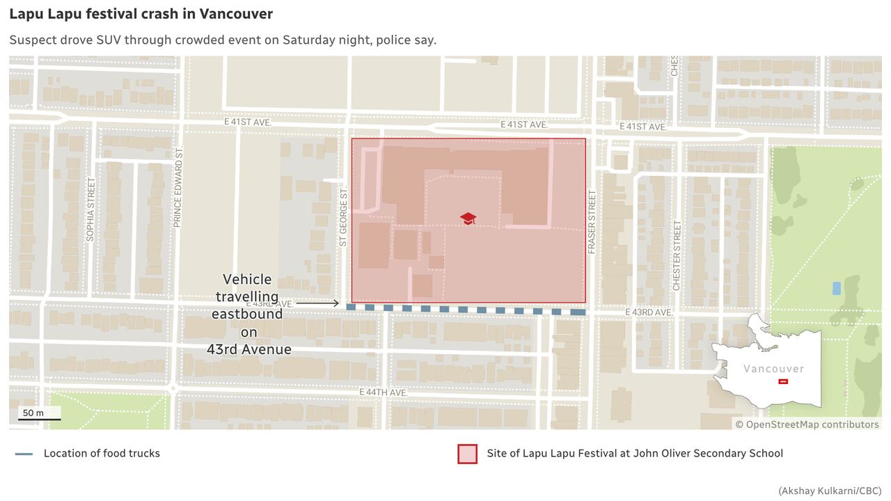 a representation  shows a the festival betwixt  St George Street and Fraser Street, betwixt  E 41st ave and 3 43rd Ave. and wherever  the conveyance  travelled connected  E 43rd.