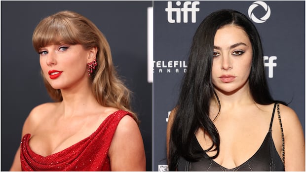 A composite image of a blonde woman in a sparkly red dress on the left, and a dark-haired woman 
