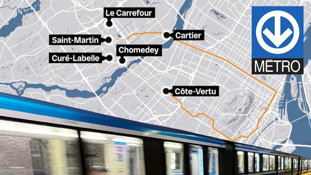 a map of the montreal metro's orange line with proposed Laval extension outlined and a metro logo and a metro car flying by