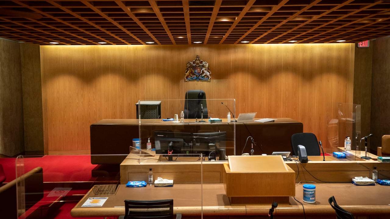 Interior of a courtroom astatine the BC Supreme Court successful Vancouver, British Columbia connected Tuesday, Jan. 25, 2022.