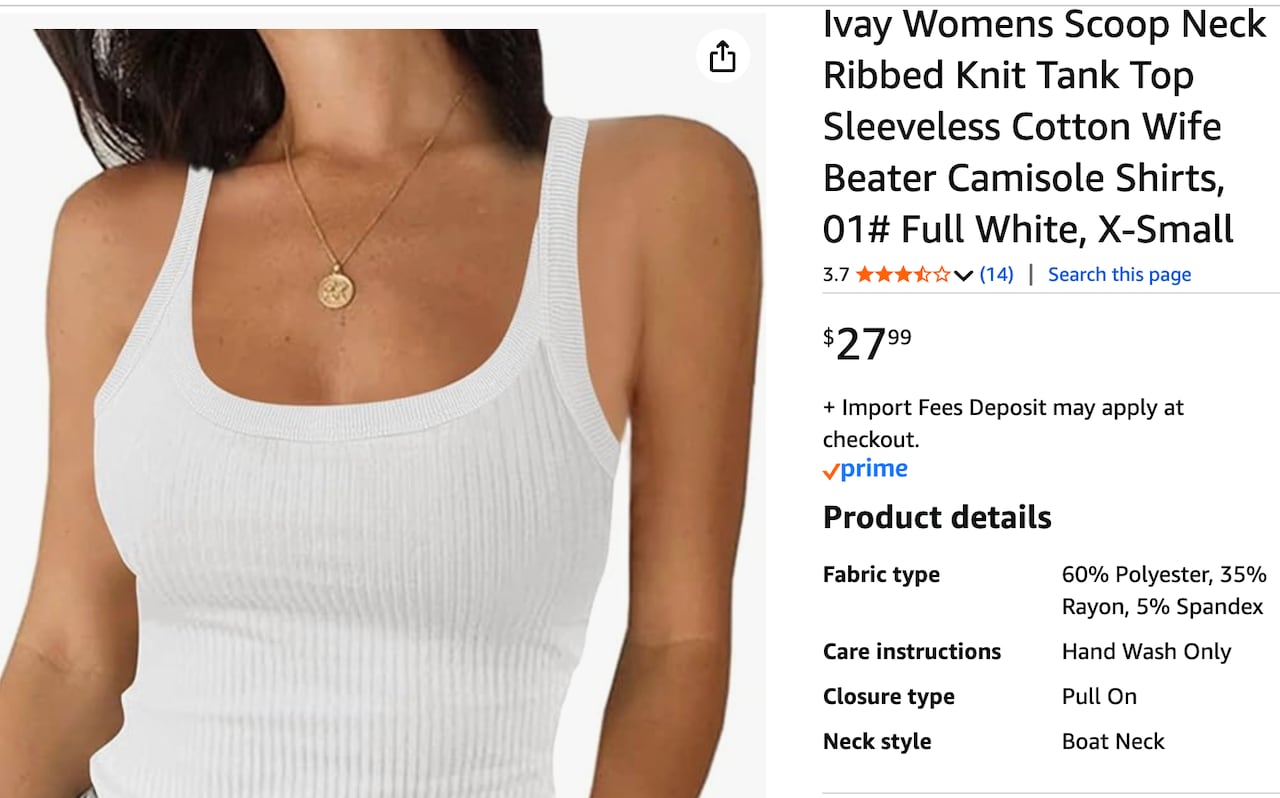An ad on Amazon for a woman. "wife beater" sleeveless t-shirt