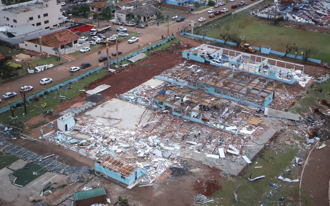 Aerial view of destroyed buildings after a tornado hit 