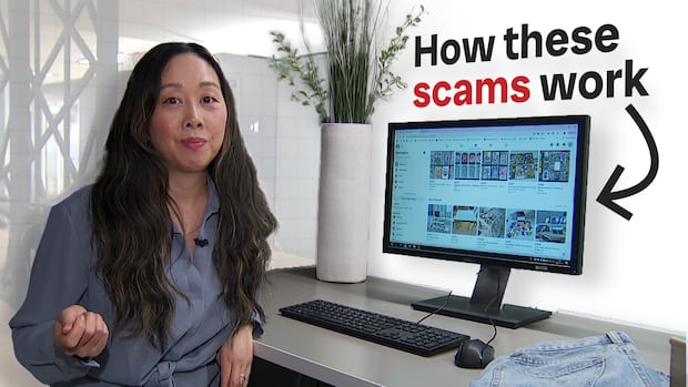 CBC's Sannah Choi explains how Facebook Marketplace sellers can be targetted by scammers. A woman with long brown hair sits at a desk with a computer open to Facebook Marketplace.