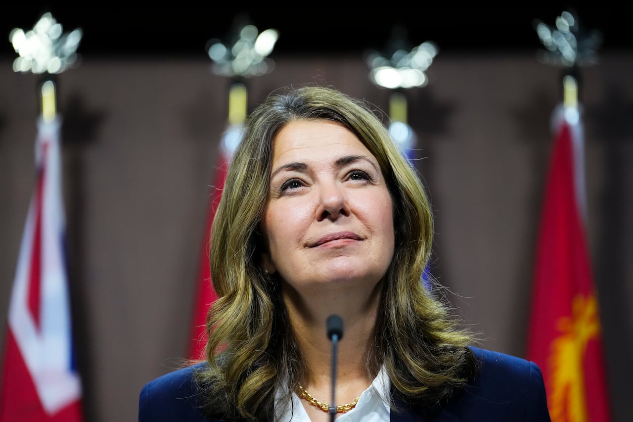 Alberta Premier Danielle Smith holds a news conference at Parliament Hill in Ottawa on Tuesday, October 7, 2025. 