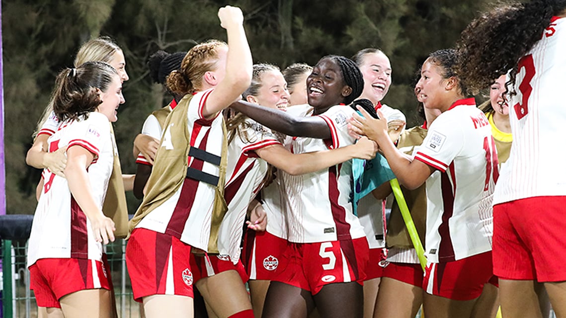 Canada’s women’s soccer team celebrates a goal in its 4-1 win over Nigeria at the FIFA Under-17 Women's World Cup on October 19, 2025.