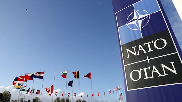 Flags of NATO member countries wave in the wind under a clear blue sky. A large NATO sign is in the foreground, representing unity and cooperation.
