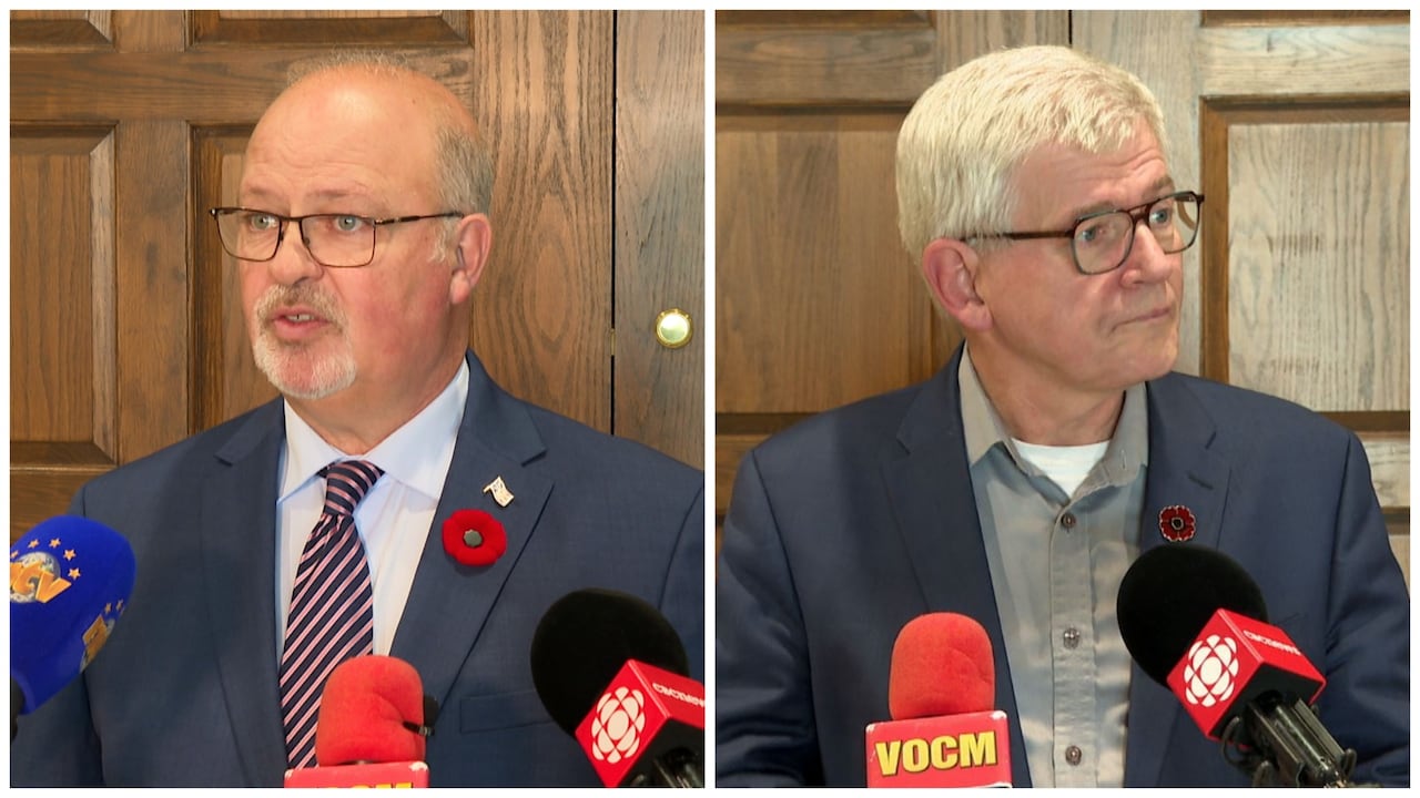 A collage photograph of 2 men wearing suits, each lasting successful beforehand of ample woody door.