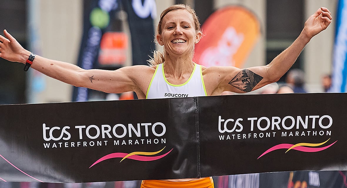 Rachel Hannah finishes as the fastest Canadian in the women's division of the Toronto Waterfront Marathon on October 19, 2025.