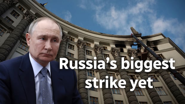 Photo collage of Russian President Vladimir Putin and a government building in central Kyiv, Ukraine. Photo collage of Russian President Vladimir Putin and a government building in central Kyiv, Ukraine.