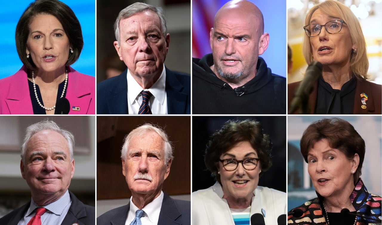 A composite photo of eight senators. 