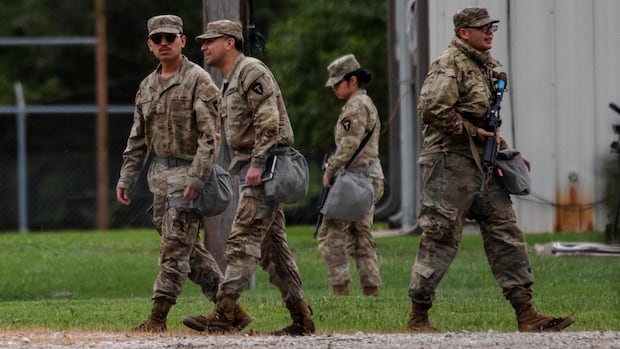 Three men and a woman in army fatigues wander in a grassy area.