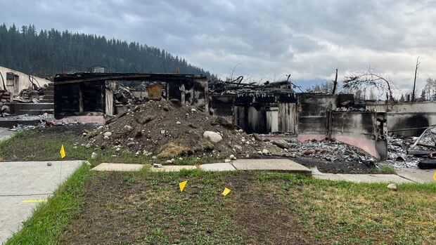 Wildfire damage in the Town of Jasper on August 16, 2024. Charred building foundations seen in Jasper, Alberta after a wildfire.