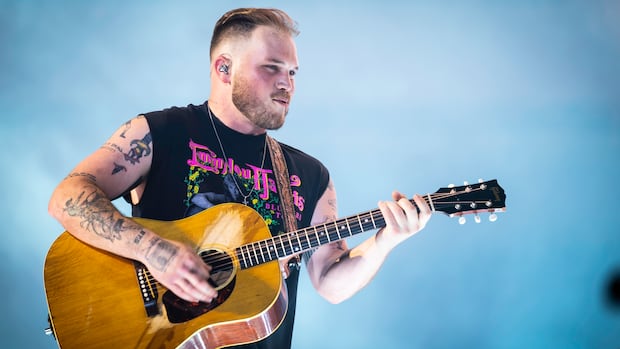 A man with a guitar stands in front of a smoky background