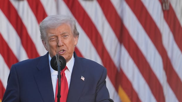 A man in  a suit stands  in  front of an american flag
