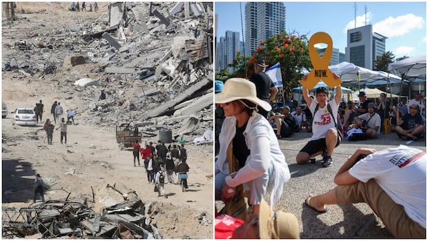 The image is split into two parts. Left: People walk through rubble in a devastated area. Right: Protesters sit on a sunny street