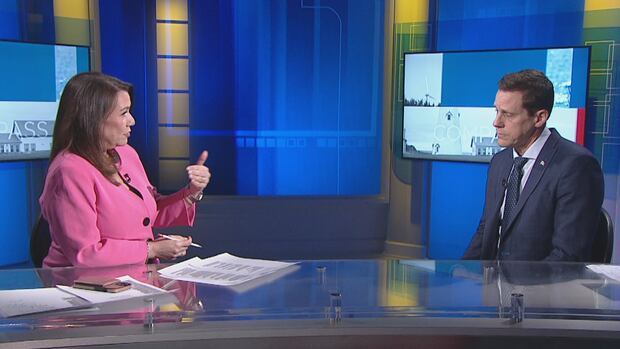 Premier Rob Lantz talks to CBC News: Compass host Louise Martin after announcing measures in response to U.S. tariffs. A woman in a bright pink blazer talks to a man in a dark business suit on a TV news set.