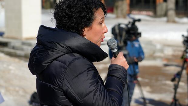 People at a rally in Halifax demanded more provincial funding and support for victims of gender-based violence after six Nova Scotia women were killed by intimate partners in recent months, including 22-year-old Paiyton Pick whose body was found last month. a woman attends a rally