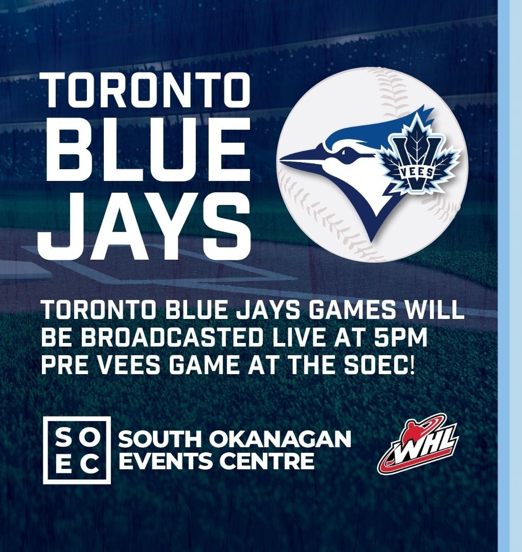 A graphic reads 'Toronto Blue Jays Games Will Be Broadcasted Live at 5PM Pre Vees Gaem at the SOEC!'