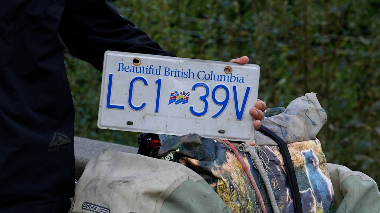 A B.C. license plate sits on a bike.