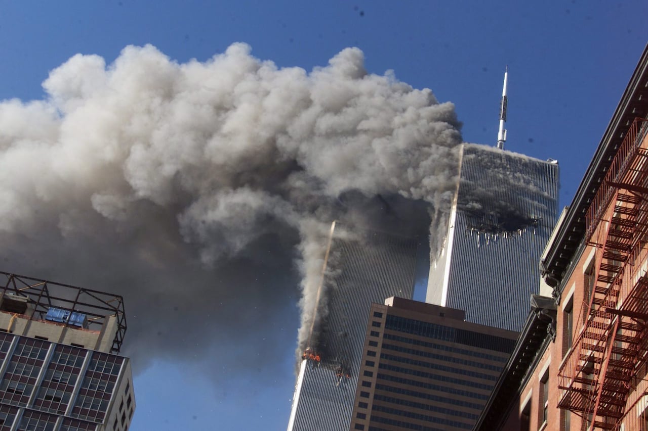 Looking up at the smoldering twin towers of the world trade center in New York on September 11, 2001