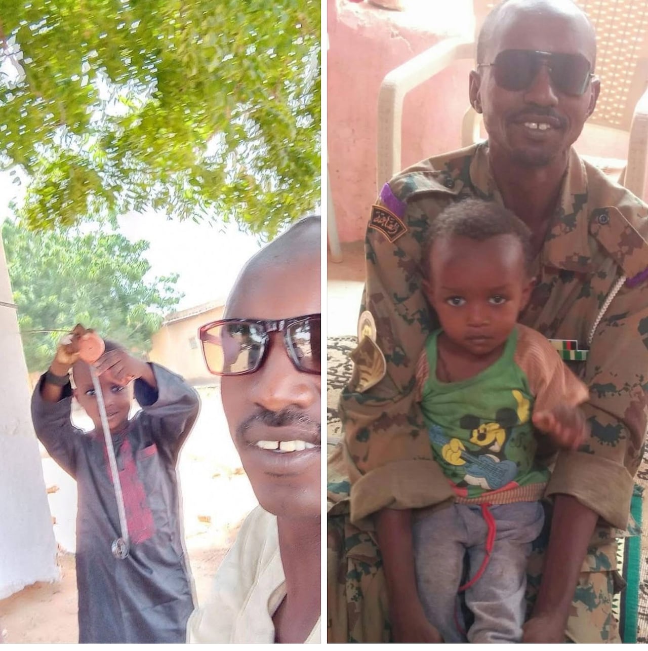 एक माणूस आपल्या मुलासोबत फोटोसाठी पोझ देतो.