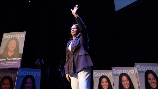 Soraya Marinez Ferrada waves to crowd before giving victory speech  