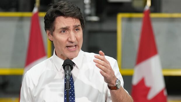 Prime Minister Justin Trudeau speaks during a news conference after he toured the Anchor Danly steel manufacturing company in Windsor, Ont., on Thursday Jan. 16, 2025. Man in shirt and tie gives a speech.