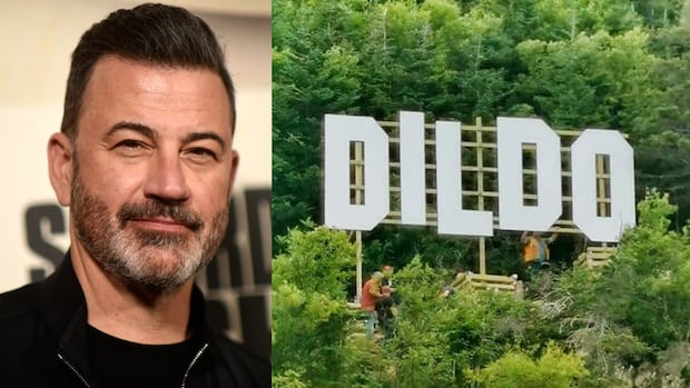 Jimmy Kimmel and the town sign of Dildo, N.L.