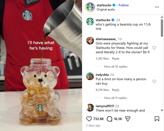 An instagram station from Starbucks that says "who's getting a bearista cupful connected 11/6 lmk" and shows a idiosyncratic pouring a portion into a cupful shaped similar a bear