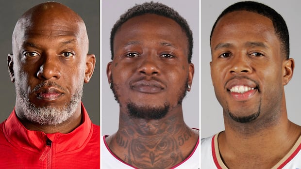 From left, Portland Trail Blazers head coach Chauncey Billups, Miami Heat guard Terry Rozier and former Cleveland Cavaliers' Damon Jones.