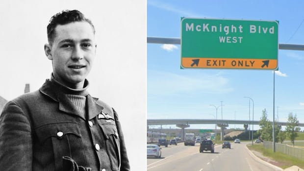 A man's portrait is pictured next to a sign that reads McKnight Boulevard.